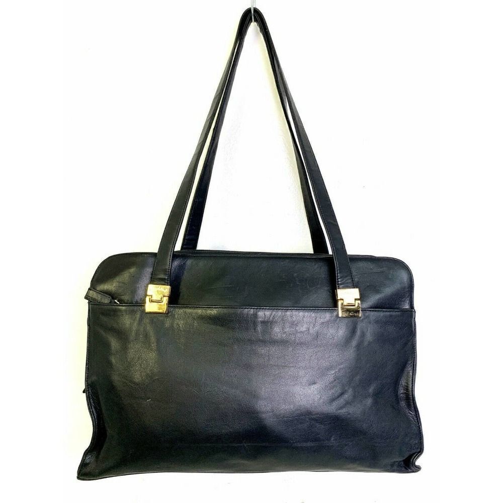 LARGE CHARTERS CLUB BLACK GENUINE LEATHER BUSINESS TOTE SHOULDER BAG HANDBAG